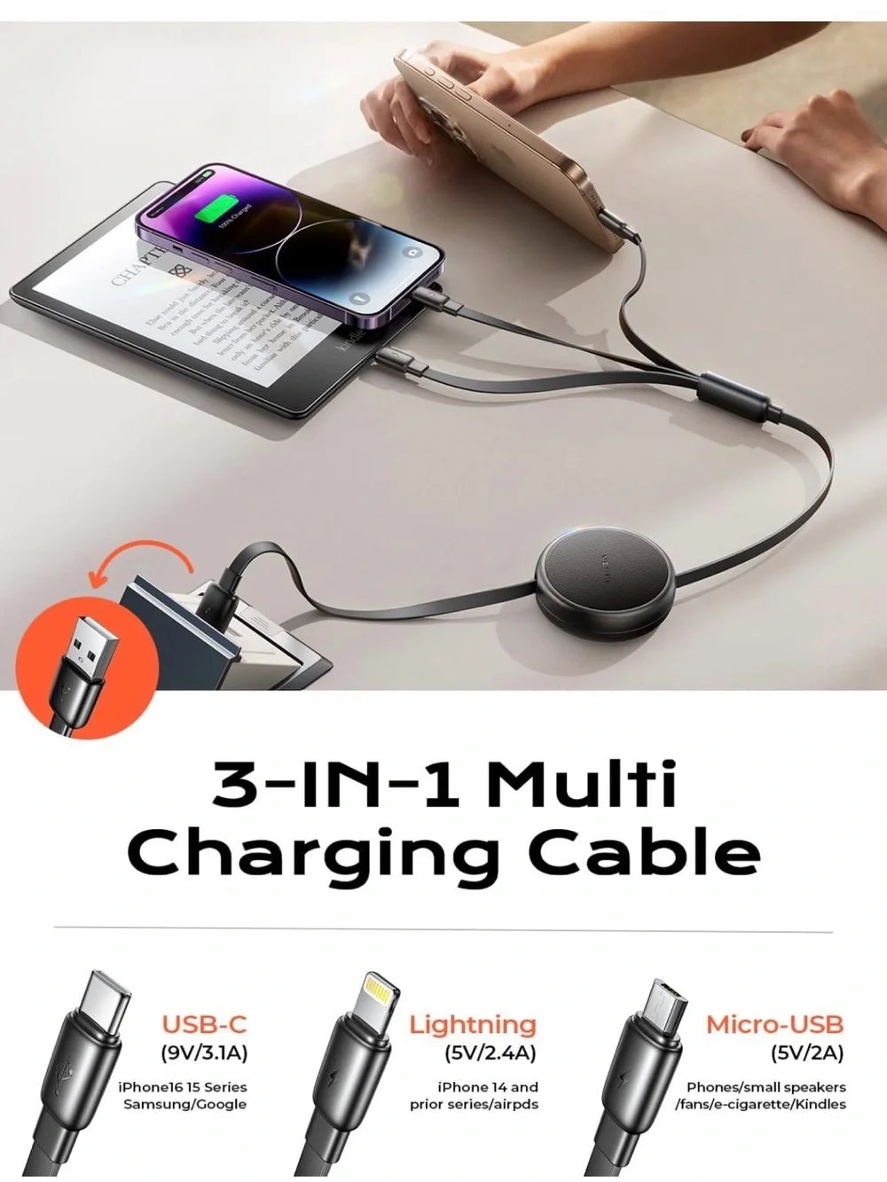Lisen Retractable 3-in-1 Charging Cable - Black (2 pack) new